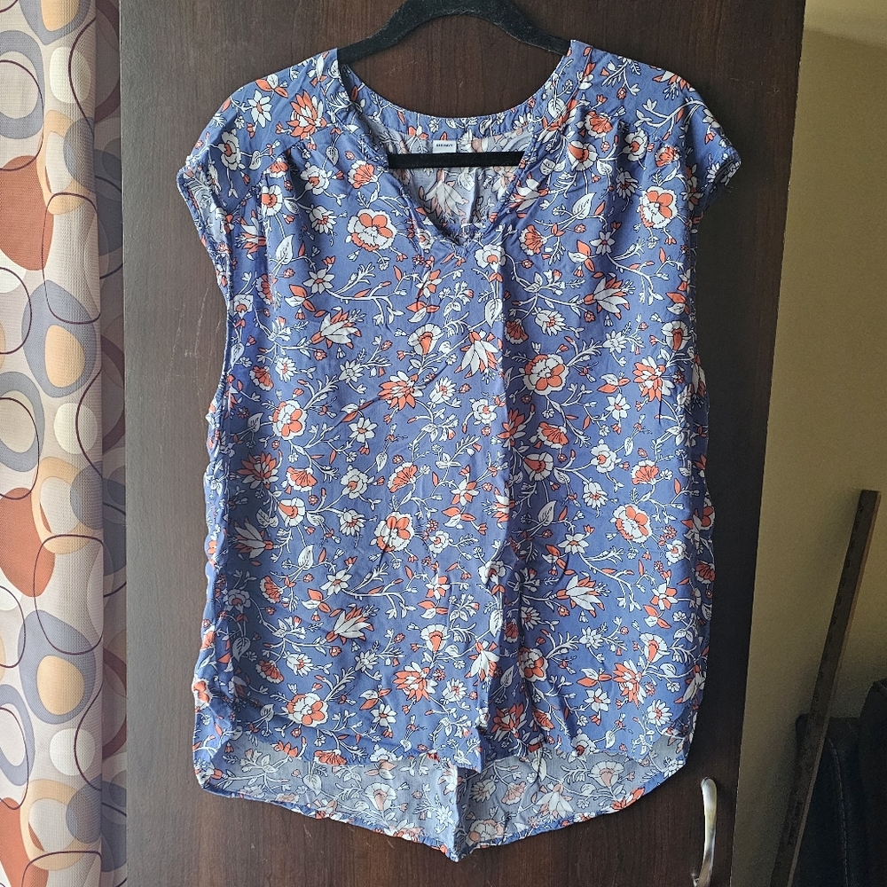 Old Navy Blue Floral Blouse With Orange Flowers